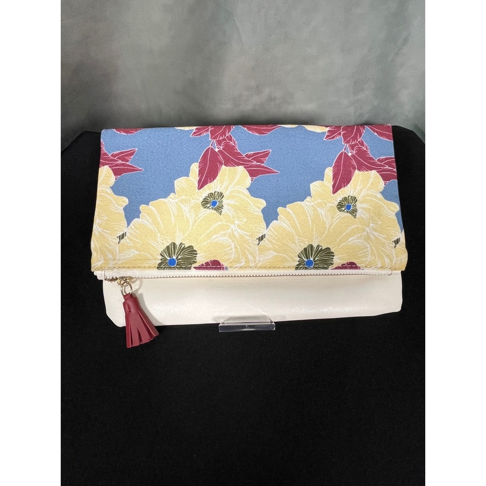 Rachel Pally Floral Canvas Faux Leather Foldover Tassel Clutch Bag Cream Blue